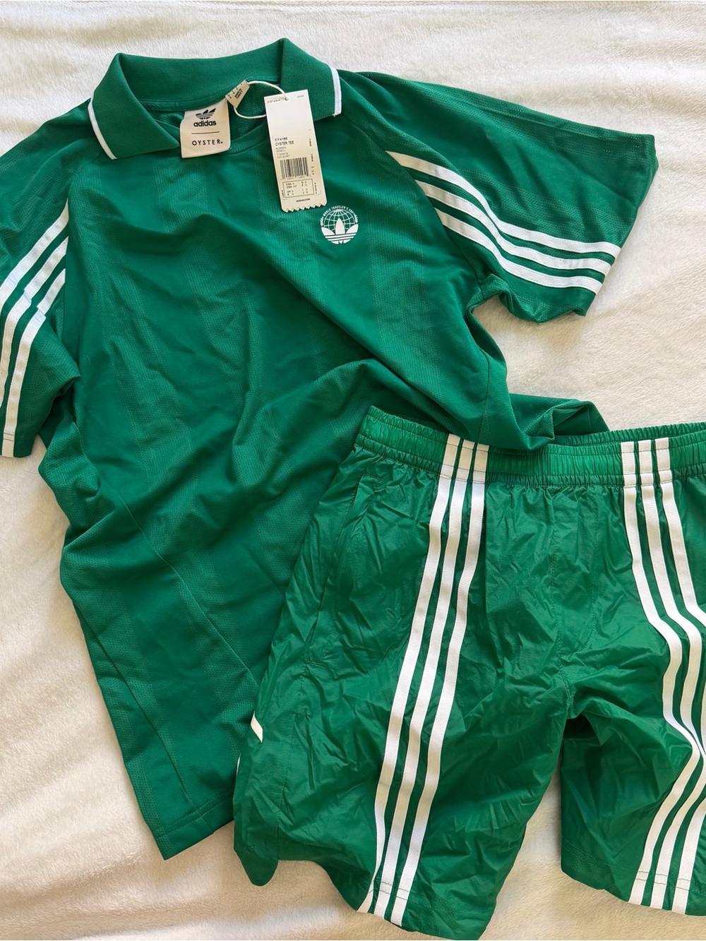 Men’s adidas Green Polo Jersey and Matching Green Shorts with White Stripes